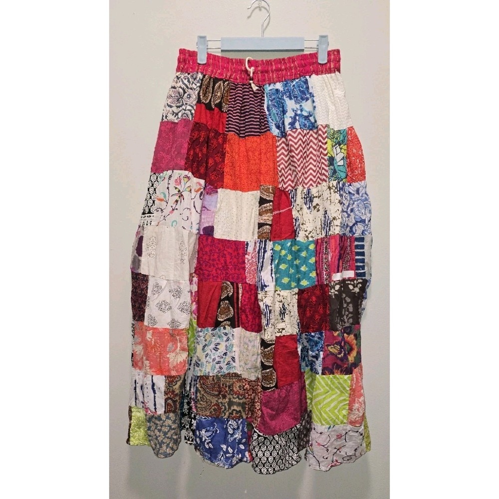 Jessica Taylor Womens Patchwork Maxi Skirt Boho Elastic Waist Multicolor OS